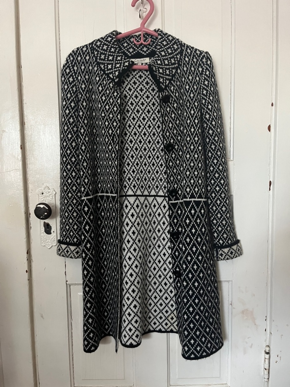 Classic Black & White Patterned A-Line Sweater Coat